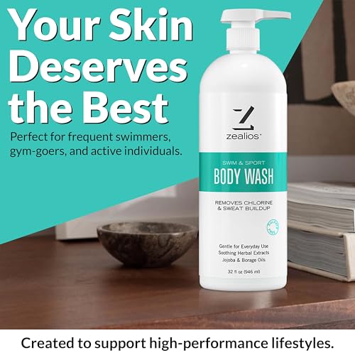 Zealios Swim & Sport Body Wash for Swimmers & Athletes 32oz Skin Care Solution for Men & Women, Removes Chlorine, Sweat & Odor, Provides Cleansing and Hydration from Pool Chemicals, Light Citrus Scent