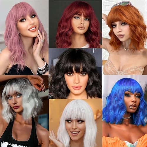 Light Pink Wig for Women Short Pastel Wavy Wigs Curly Bob Wigs with Bangs Shoulder Length Colorful Synthetic Wigs for Cosplay Costume Party Daily Use(14 Inches)