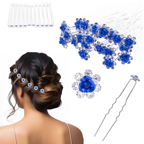 UHONEMY 25pcs Bridal Wedding Hair Pins with Crystal Rose Flower Crystal Diamante Rose Flower Rhinestone Hair Pins Hair Clips for Bridal Wedding Women Hair Jewelry Accessories (blue)