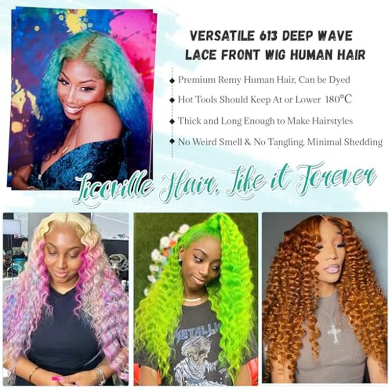 Licoville 13x6 Deep Wave Lace Front Wigs Human Hair 613 Wig 26 Inch HD Transparent Blonde Deep Wave Wig Human Hair Long Curly Blonde 613 HD Frontal Lace Wigs for Black Women 180% Density Pre Plucked