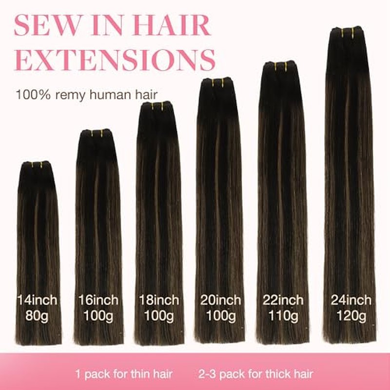 GOO GOO Sew in Hair Extensions Real Human Hair, Weft Hair Extensions Human Hair, 1B/6/1B Balayage Natural Black to Chestnut Brown 18inch 100g, Weft Bundles Straight Silky Remy Hair