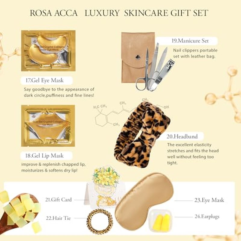 Leopard 32 Pcs Facial Skin Care Set, Spa & Self-Care Gifts, Bath and Body Gifts for Women, Lip Oil, Face Sheet Mask, Bath Oil, Hyaluronic Acid, Birthday, Christmas, Valentines