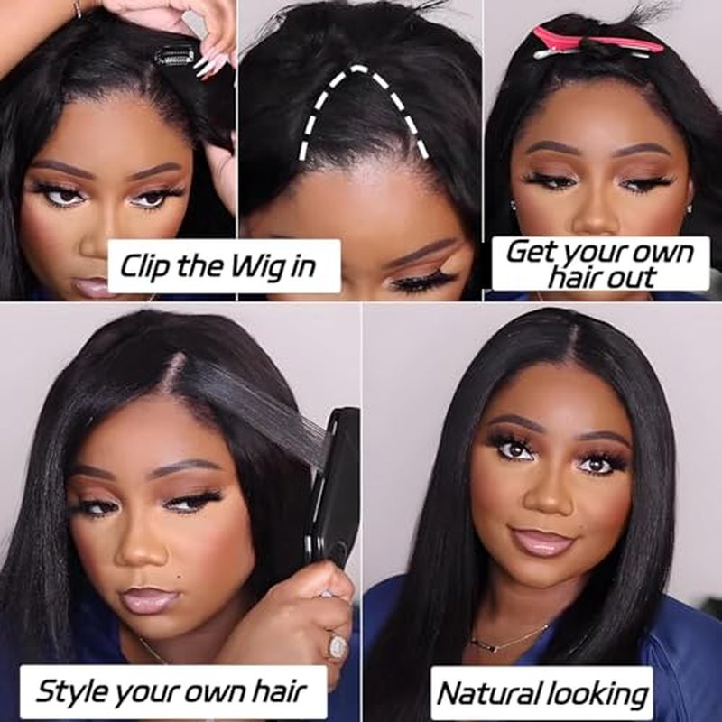 V Part Wig Human Hair Kinky Straight 22 Inch V Part Wig Yaki Straight Clip in Half Wigs for Black Women Human Hair Glueless No Leave Out 180% Density Natural Color