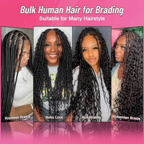 Human Braiding Hair for Boho Braids Bohemian Deep Wave Bulk 100% Human Hair for Braiding Wet and Wavy Human Hair for Boho Knotless Braids No Weft 2 Bundles 100g Hair Extensions Natural Color