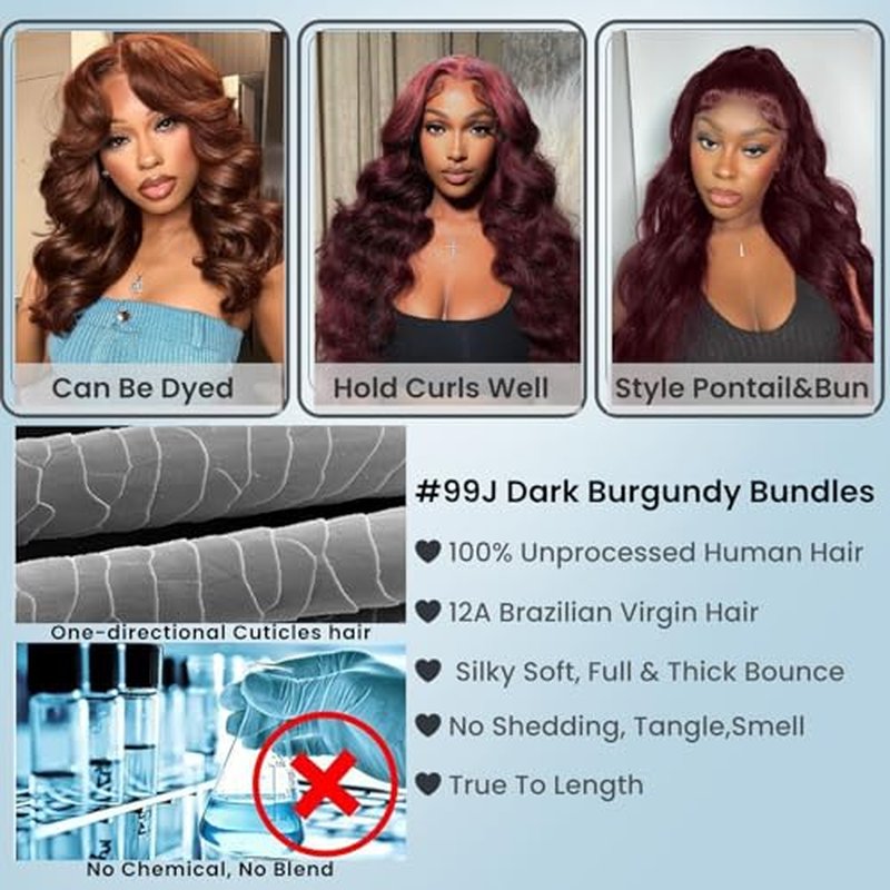 ALHER 99j Dark Burgundy Bundles Human Hair Body Wave, 12A 100% Unprocessed Virgin Remy Human Hair for Black Women Soft Thick Sew In Weave Wavy Wine Red Colored 2 Bundles 20 20 Inch