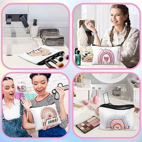 Hillban 64 Pcs Christmas Gift for Women Bulk 32 Rainbow Canvas Makeup Bag with 32 Inspirational Quote Keychains Zipper Cosmetic Bag Travel Toiletry Coin Pouch for Thanksgiving Xmas Birthday Holiday