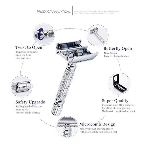 BAILI Butterfly Open TTO Double Edge Metal Safety Razor Wet Shaving Kit for Men Women with Platinum Blade and Mirrored Travel Case BD179