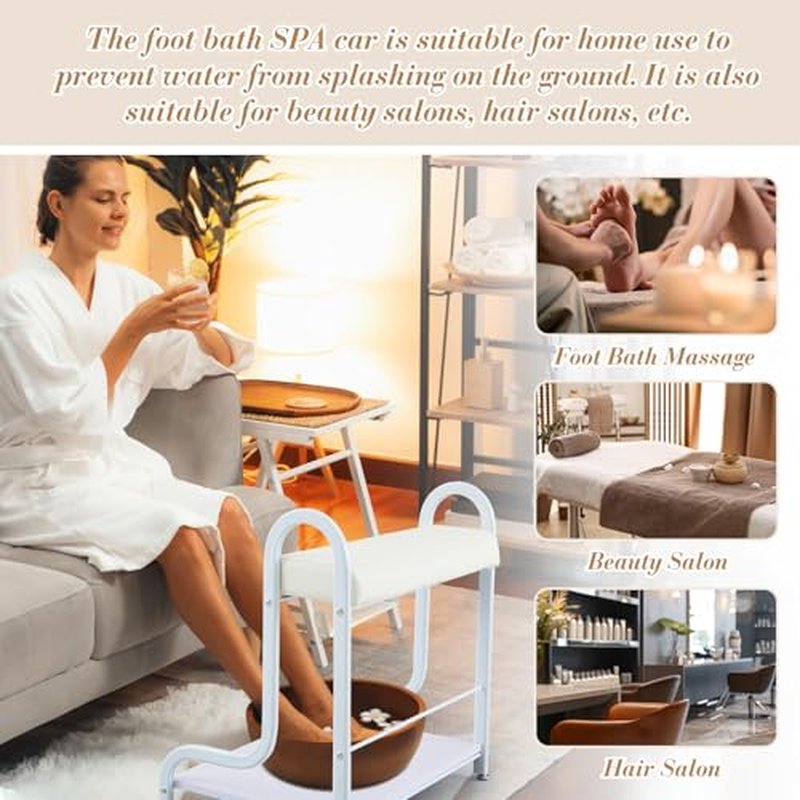 Geelin Pedicure Cart Foot Bath Trolley Portable Trolley for Rest Massage Pedicure Stool with Cushion Beauty Spa Supplies(White)