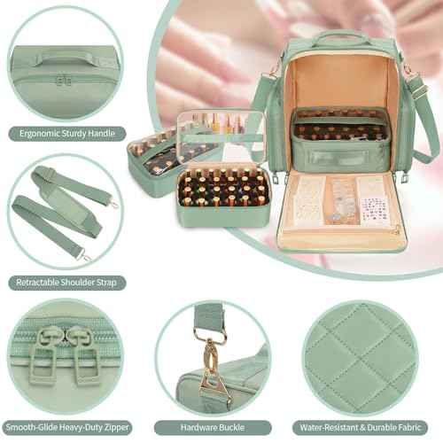 OCHEAL Nail Polish Organizer, Holds Nail Lamp and 75+ Bottles, Nail Organizers and Storage Holder Case with 3 Individual Bags Fit Manicure Tools Manicurist Travel Carrying kit -Green