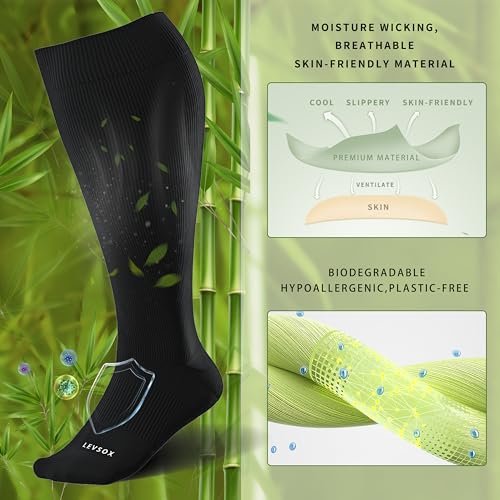 LEVSOX Plus Size Compression Socks for Women&Men Wide Calf 15-20 mmHg Knee High Extra Large Calf Support Socks for Nurse, Medical, Travel, Black