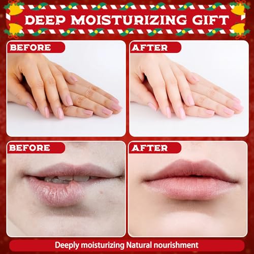 Loopeer 12 Sets/48 Pcs Christmas Hand Cream and Lip Balm Gift Set for Women Bulk Mini Hand Lotion Travel Size for Dry Skin Stocking Stuffers with Greeting Card Organza Bags for Coworker Employee