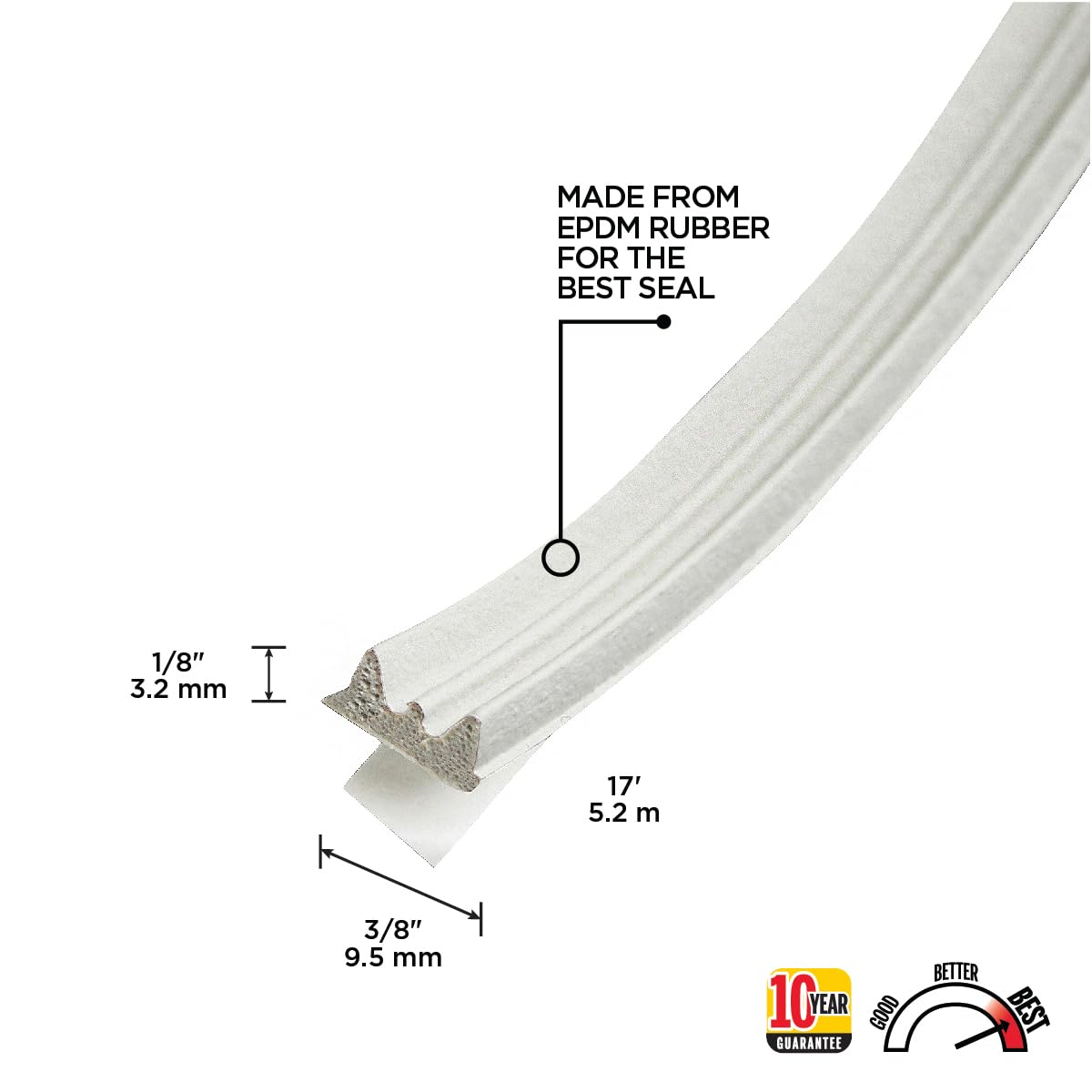 M-D Building Products 02618 1/8 in. x 3/8 in. x 17 ft. White Premium Rubber Window Seal for Ex-Small Gaps