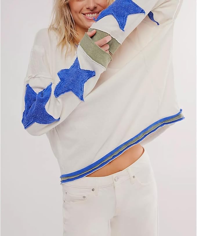 Apvirdy Y2K Tops Long Sleeve Star Tshirt Drop Shoulder Crop Sweatshirts Vintage Distressed Graphic Shirts Streetwear