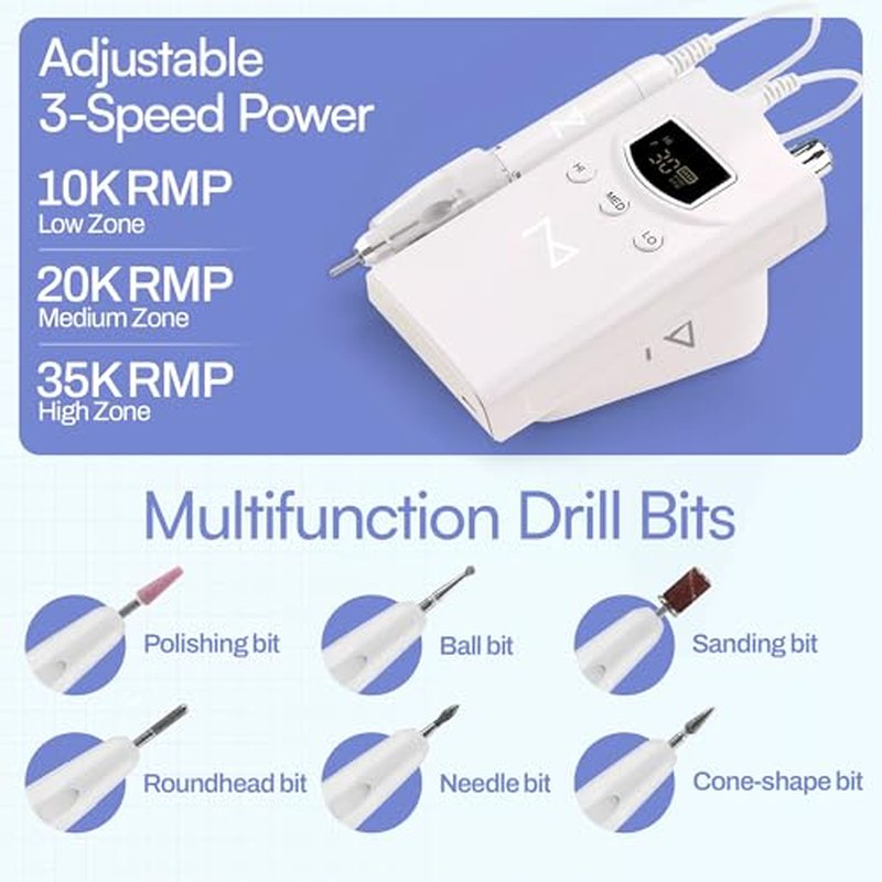 M GEM Brushless Nail Drill 35K RPM | Professional Cordless Efile Machine | Rechargeable Electric Nail File with Bits | Portable Quiet Low Vibration Tool for Acrylic, Gel, Natural Nails (Ombre Blue)