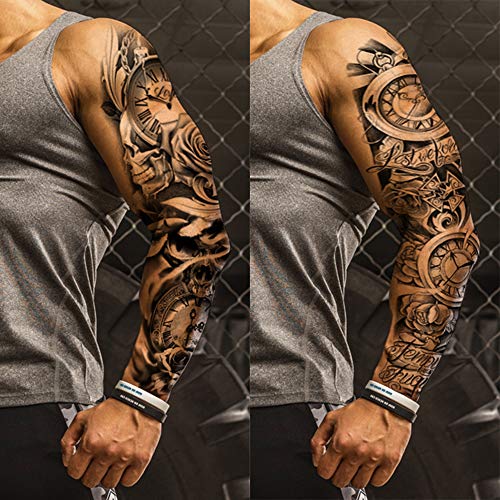 4 Sheets Black Full Arm Flower Clock Mask Rose Gun Cross Body Art Temporary Tattoo Stickers