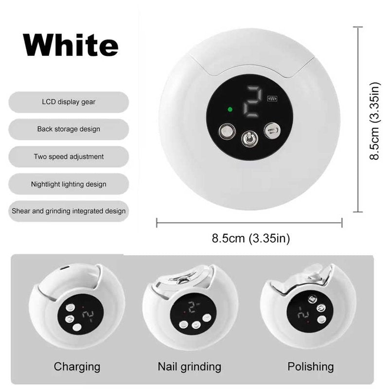 Electric Nail Trimmer - 2-in-1 Portable Clipper with LED Display & 3 Speed Settings | Rechargeable White