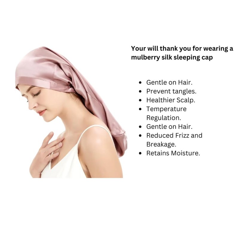 100% Mulberry Silk Bonnet 19 Momme - Long Sleeping Cap, Tie Band for Braids & Curly Hair - Silk Hair Wrap for Women Night Cap Light Pink