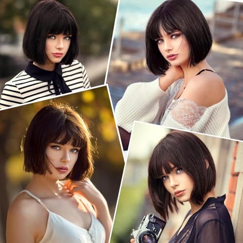 Short Brown Wig With Bangs Straight Bob Wigs for Women Brown Bob Synthetic Wig Super Soft and Easy to Wear Straight Bob Wig Colorful Synthetic Wig for Daily Cosplay Halloween