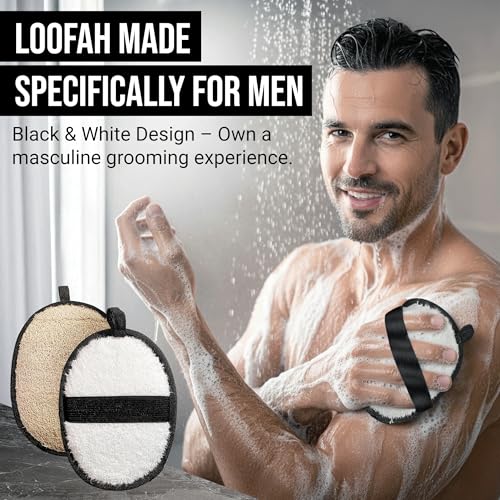 Loofah Body Scrubber for Men ? Body Wash & Scrubbing Luffa, Rugged Yet Gentle Lufas for Smoother & Healthier Skin, Terry Cloth Pad for Manly Skin Care, Black & White Masculine Design Loufas Sponge
