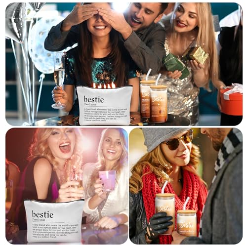 Tioncy 2 Pcs Bestie Birthday Gifts for Women BFF Friendship Gift Set Makeup Bag 17 oz Bestie Glass Cup with Lid and Straw for Women Sister