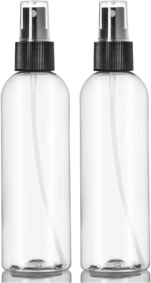 ljdeals 8 oz Clear Plastic Spray Bottles, Black Fine Mist Sprayer, Refillable Empty Bottles for Essential oils, Perfumes, Travel. Pack of 2, Made in USA
