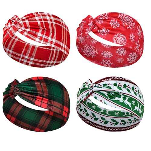 4Pcs Christmas Headbands for Women - Snowflake Santa Snowman Xmas Tree Holiday Hair Bands, Festive Gift Hair Accessories (Plaid)