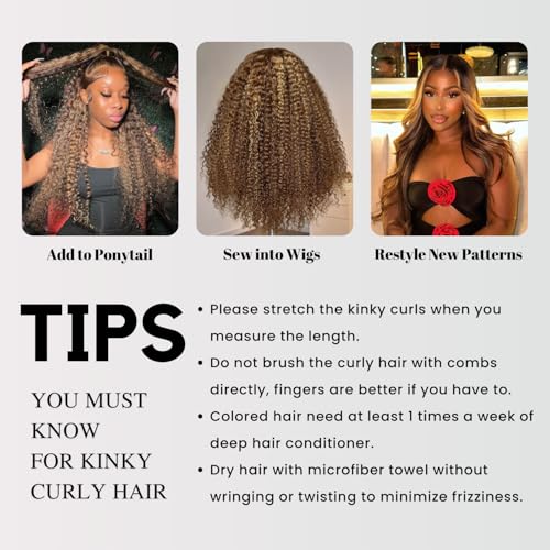 Thick Tracks Honey Blonde Highlight Tight Kinky Curly Human Hair 3 Bundles, 100% 12A Virgin Remy Brazilian Curly Bundles Human Hair #P4/27 Ombre Brown Colored Brazilian Weaves Sew In 12 14 16 In