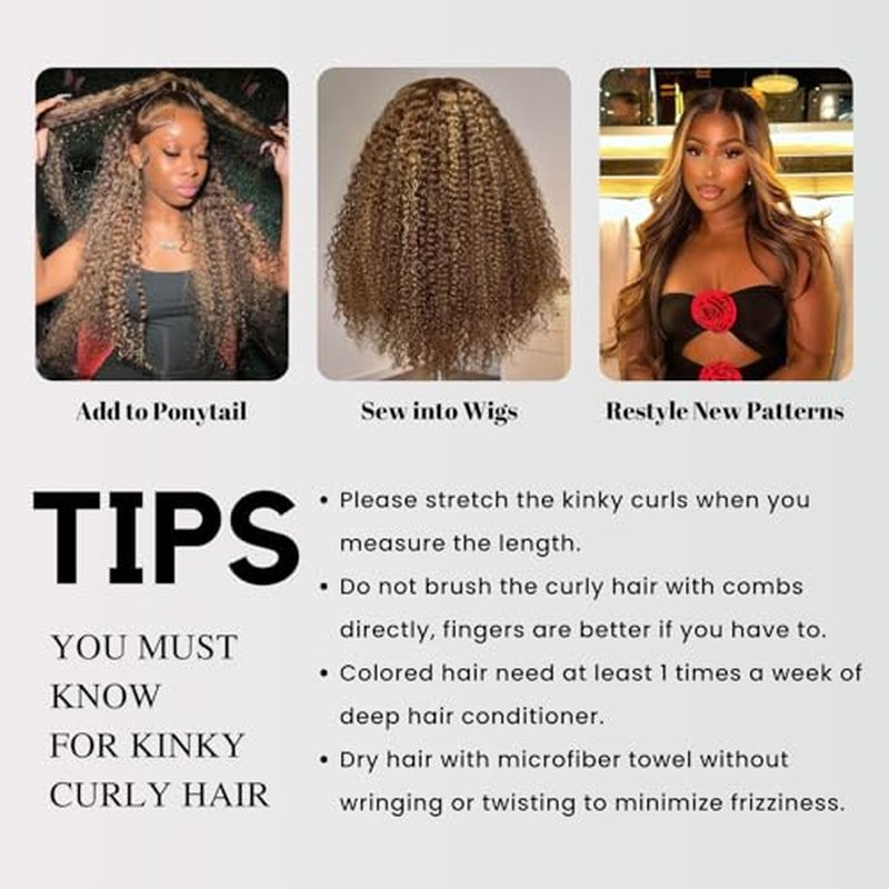 Thick Tracks Honey Blonde Highlight Tight Kinky Curly Human Hair 3 Bundles, 100% 12A Virgin Remy Brazilian Curly Bundles Human Hair #P4/27 Ombre Brown Colored Brazilian Weaves Sew In 12 14 16 In