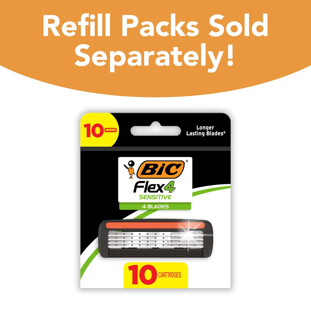 BIC Flex 4 Men's Refillable with 4 Blade Razors, Durable and Long-Lasting with Lubricating Strip, 1 Handle and 4 Cartridges, 4-Pack