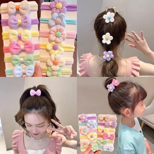 12Pcs Sweet Flower Hair Ties, Cute Bow Elastic Hair Ties Kids Hair Bands, Candy Color Ponytail Holders Hair Ropes with Bows, Kawaii Soft No Damage Hair Scrunchies for Little Girls Hair Accessories