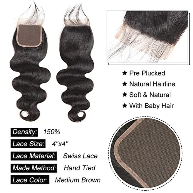 Aopusi Human Hair Bundles with Closure (16 18 20+14£¬Free Part)100% Brazilian Human Hair Body Wave Bundles with Lace Closure Virgin Hair Body Wave Hair Weave for Black Women