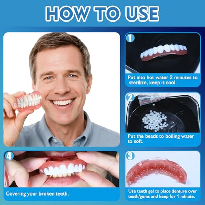 Moldable False Teeth - Veneers Teeth for Women & Men, Silicone Dentures Set for Both Upper and Lower, Temporary Dentures DIY at Home Within Minutes Fix Your Smile 1Pack