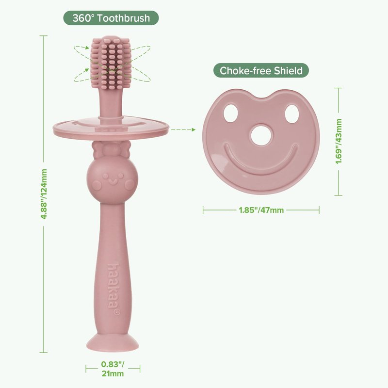 haakaa 360° Silicone Baby Toothbrush, Soft Infant First Brush, Tongue, Gum & Teeth Cleaner for 6M+, BPA-Free with Safety Shield and Suction Base - Blush (1 Piece)