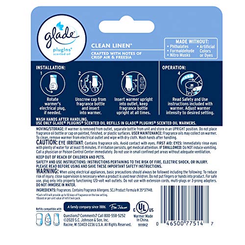 Glade PlugIns Refills Air Freshener Starter Kit, Scented Oil for Home and Bathroom, Clean Linen, 0.67 Fl Oz, 1 Warmer + 1 Refill