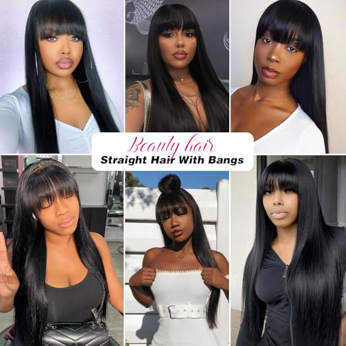 Lace Closure Human Hair Wigs With Bangs 2x4 Lace Front Wigs For Women 200% Density Brazilian Virgin Hair Glueless Wig Natural Black Color(18 Inch)