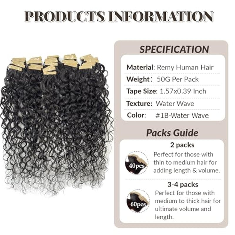 Water Wave Tape in Hair Extensions Human Hair, Natural Black Hair Extensions Real Remy Human Hair Tape ins for Black Women, 24 Inch 100g/pack 40pcs Double Sided Invisible Tape Hair Extension