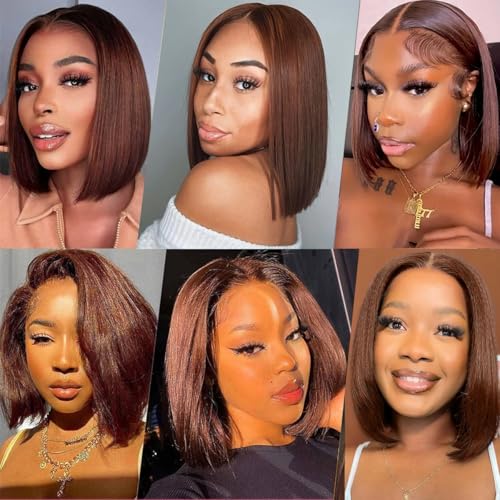 Chocolate Brown Bob Wig Human Hair Straight 13x4 HD Lace Front Wigs for Black Women Glueless Short Bob Lace Frontal Wig Human Hair Pre Plucked 150% Density #4 Color 16 Inch