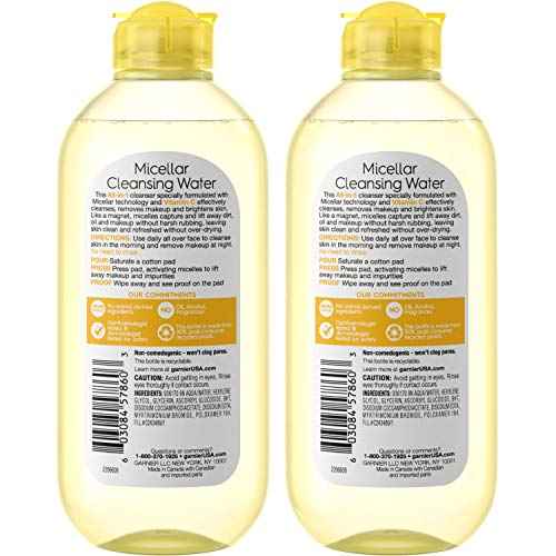 Garnier Micellar Water with Vitamin C, Facial Cleanser & Makeup Remover, Brightening & Hydrating, For All Skin Types, Vegan, Cruelty Free, 13.5 Fl Oz (400mL), 2 Count