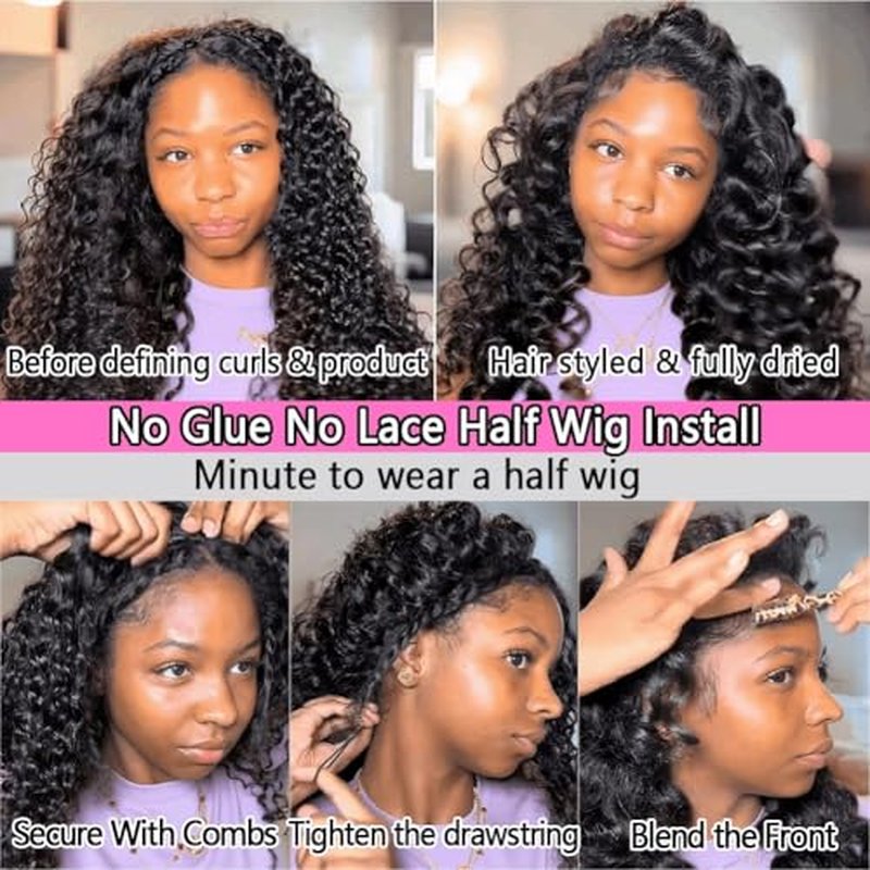 Half Wig Human Hair Water Wave Half Wig 3 in 1 Glueless Wigs 200% Density Wear and Go Wigs Seamless Flip Over with Drawstring Beginner Friendly Curly Wig Headband Wig for Women 22 Inch