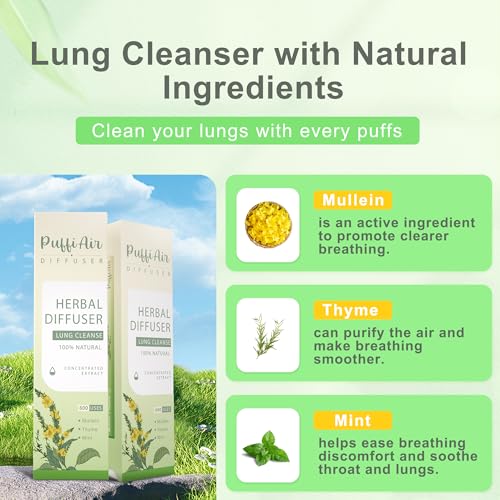 Herbal Diffuser Upgraded with Extracts of Mullein, Thyme and Mint for Cleansing Lungs, Improving Breathing and Oral Air Freshening - 3 Sticks, 1 Pack