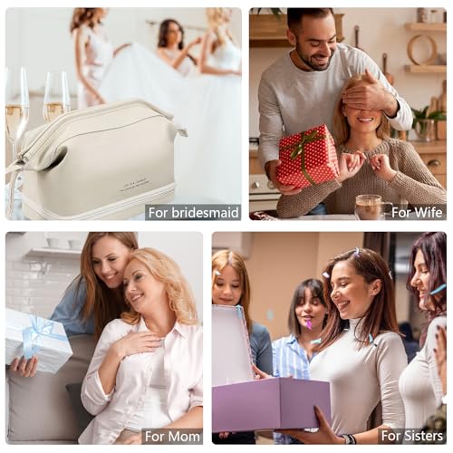 GRINKO Travel Makeup Bag, Large Capacity Toiletry Bag, Portable Pouch Cosmetic Bags for Women, PU Leather Waterproof Make up Organizer Apricot