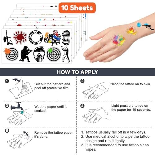 Paintball Temporary Tattoos Gun Birthday Party Decorations Favors Supplies Shooting Themed Cute Stickers 10 Sheets 100 PCS Gifts for Baby Girls Boys Class School Carnival