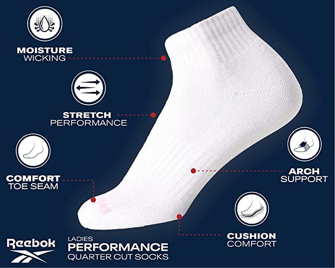 Reebok Womens Quarter Socks - 12 Pack Performance Arch Support Ankle Socks - Cushioned Athletic Socks for Women (Size: 4-10), Size 4-10, Dark Greywhiteblack