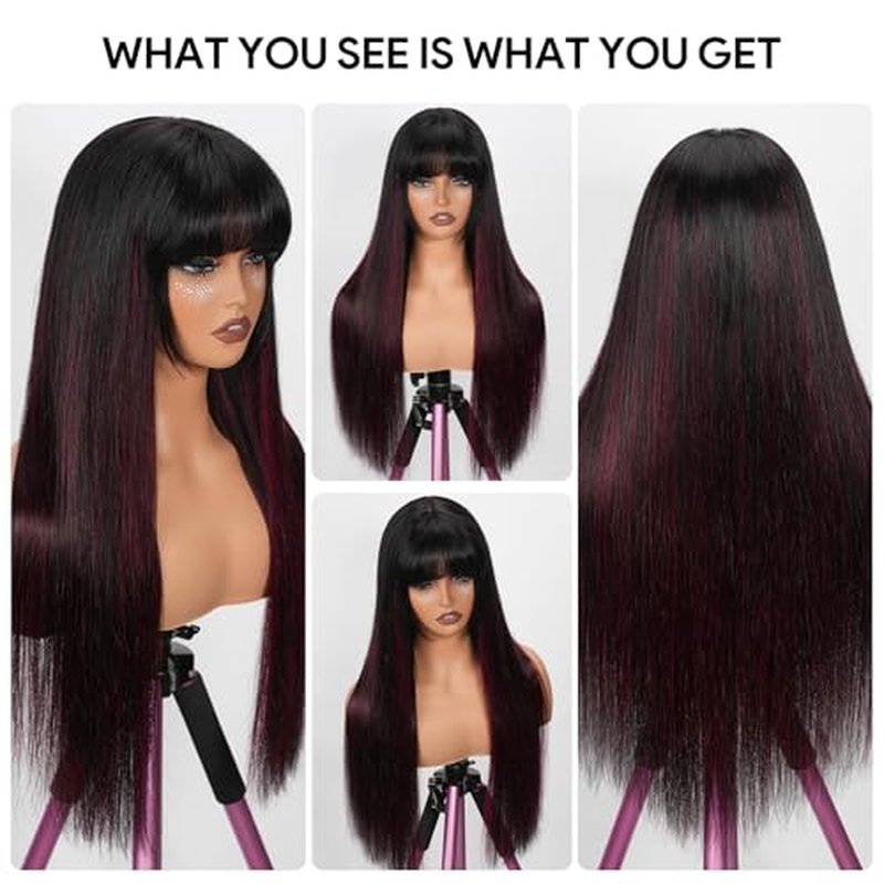 Ruiyu 1B/99J Burgundy Human Hair Wig with Bangs Balayage 2x4 HD Lace Closure Front Burgundy Highlight Straight Bang Wig Straight Wear and Go Glueless 100% Brazilian Human Hair for Women 16 Inch