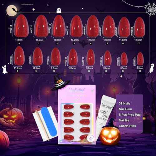 Press On Nails Almond - Bloody Claw, Red Cat Eye Halloween Press On Nails Short, Acrylic Square Glue On Nails with Nail Glue, Fit Perfectly & Natural Stick On Nails in 16 Sizes - 32 PCS Soft Gel Kit