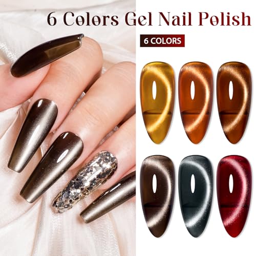 MEET ACROSS Amber Cat Eye Gel Polish Set Brown Glitter Gel Polish Kit Nude Cat Eye Gel Nail Polish Magnet Translucent Soak Off UV Cateye Nail Polish with Magnet Fall and Winter Gifts