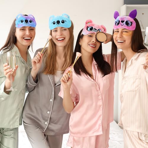 16 Pcs Sleepover Party Supplies 8 Animal Sleep Eye Masks 8 Bow Makeup Headbands Plush Sleeping Eye Mask for Christmas Gift Washing Face Makeup Shower Women