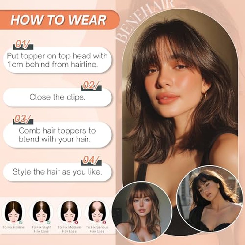 Benehair Human Hair Toppers for Women Clip in Hair Toppers for Daily Use 2 * 6cm Hand Made Lace Base Long Coverage Natural Hairpiece Wiglet #Gray 10Inch