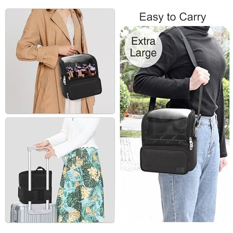TANTO Makeup Brush Case, Extra Large Stand-up Makeup Cup Travel Makeup Brush Bag Foldable Professional Cosmetic Bags Artist Storage Case with Adjustable Divide&Strap (01A-Black£¨X Large£©)