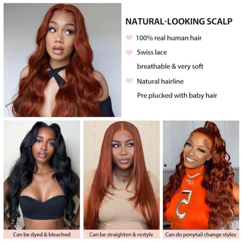 180% Density Reddish Brown 13x6 Lace Front Wigs Human Hair Pre Plucked 13x6 HD Transparent Body Wave Lace Front Wigs For Women Ginger 33# Colored Brazilian Virgin Hair Glueless Wigs Human Hair 18Inch